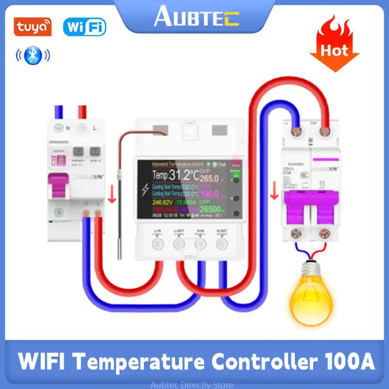 

AT4PTBW/TB Tuya WIFI Din Rail Digital Thermostat Incubator Temperature Controller With Timer Switch 100A For Heating Cooling