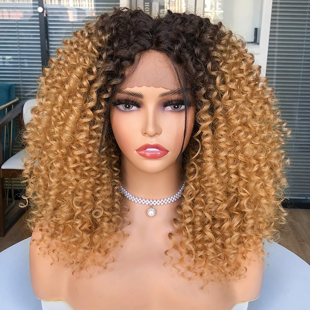 Short Bob Wig Lace Front Wigs for Women Afro Kinky Curly Wigs Ombre Brown Synthetic Middle Nature Hair Black Headgear with Clips - Image 5