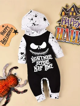 Halloween Long-Sleeve Hooded Letter Print Romper for Newborn Baby Boys 1
