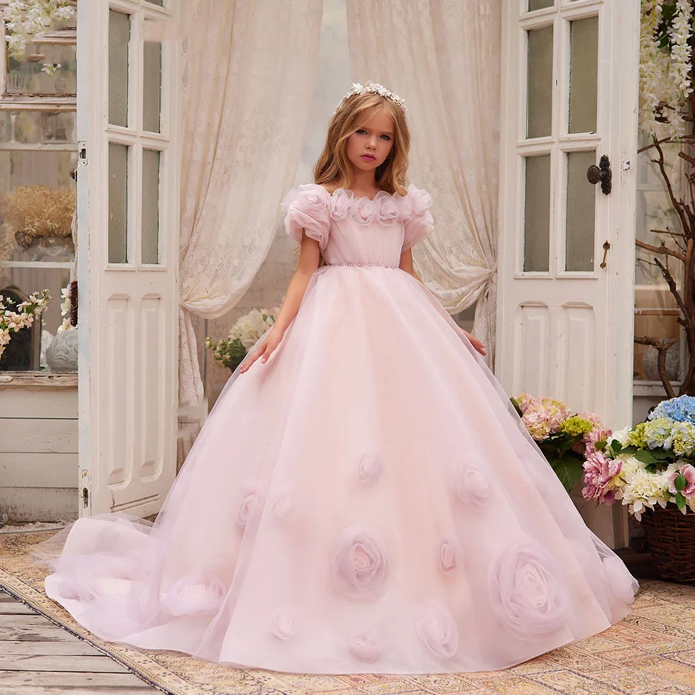 Pink Tulle Flower Girl Dress Wedding Applique Puffy Short Sleeves Princess Dress Birthday Party First Communion Ball Gown