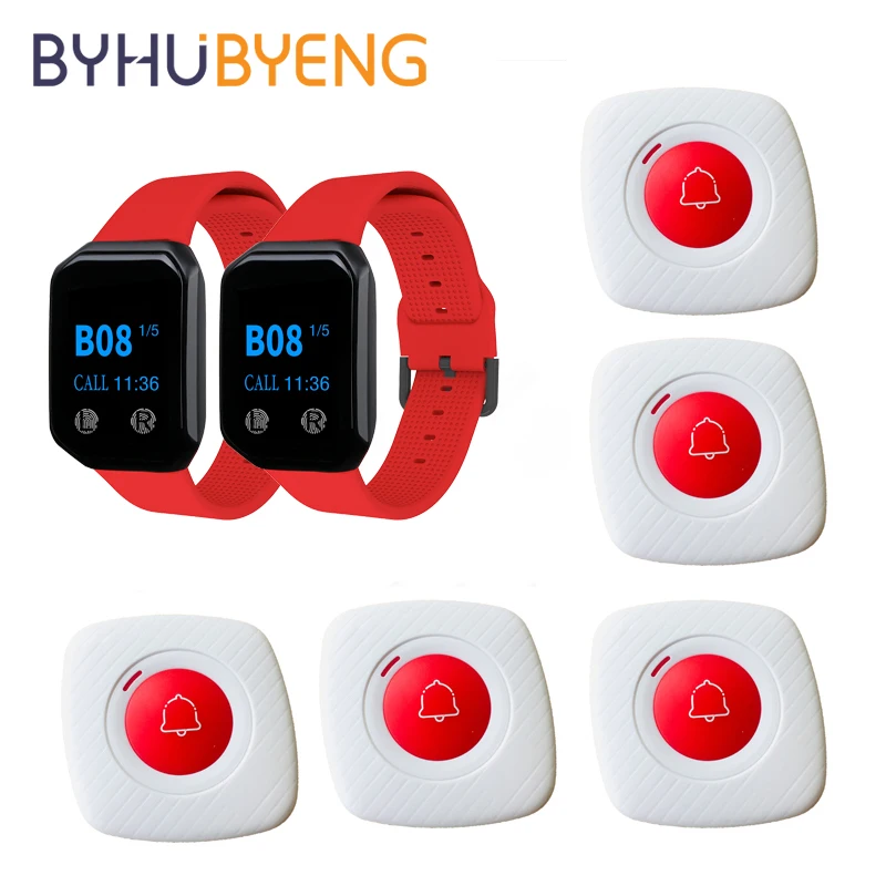 

BYHUBYENG Wireless Calling System Waiter Cafe Pager Restaurant Equipment Office 2 pcs Watch Receivers 5 Buttons