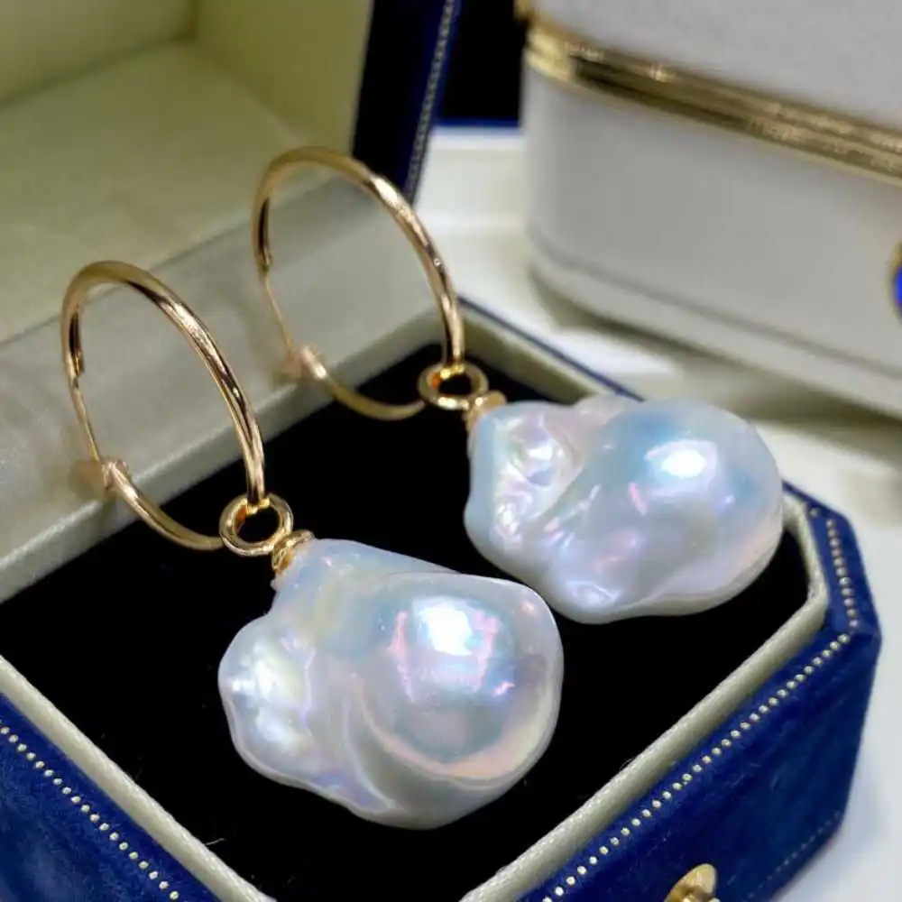 

13-20MM white natural Baroque pearl earrings with 18K Rings Classic Holiday gifts Women FOOL'S DAY Wedding Mother's Day New Year