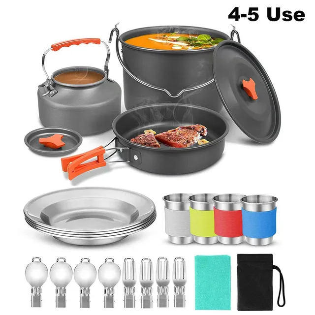 Aluminum outdoor camping cookware set with mesh bag folding cookset camping kitchen cooking teapot and pans