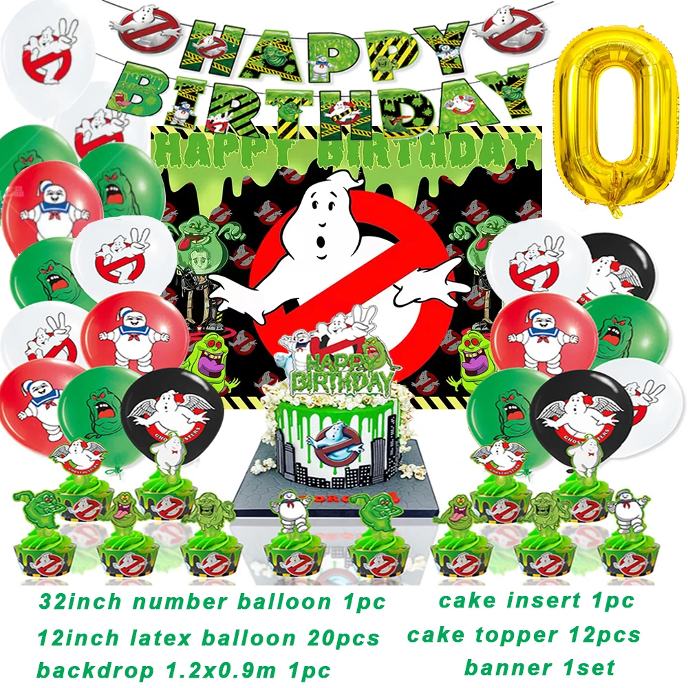 Cartoon Ghostbusters Thema Geburtstags feier liefert Jungen grünen Geist Ballon Banner Hintergrund Kuchen Topper Kinder Baby Dusche Geschenk – Detail 1