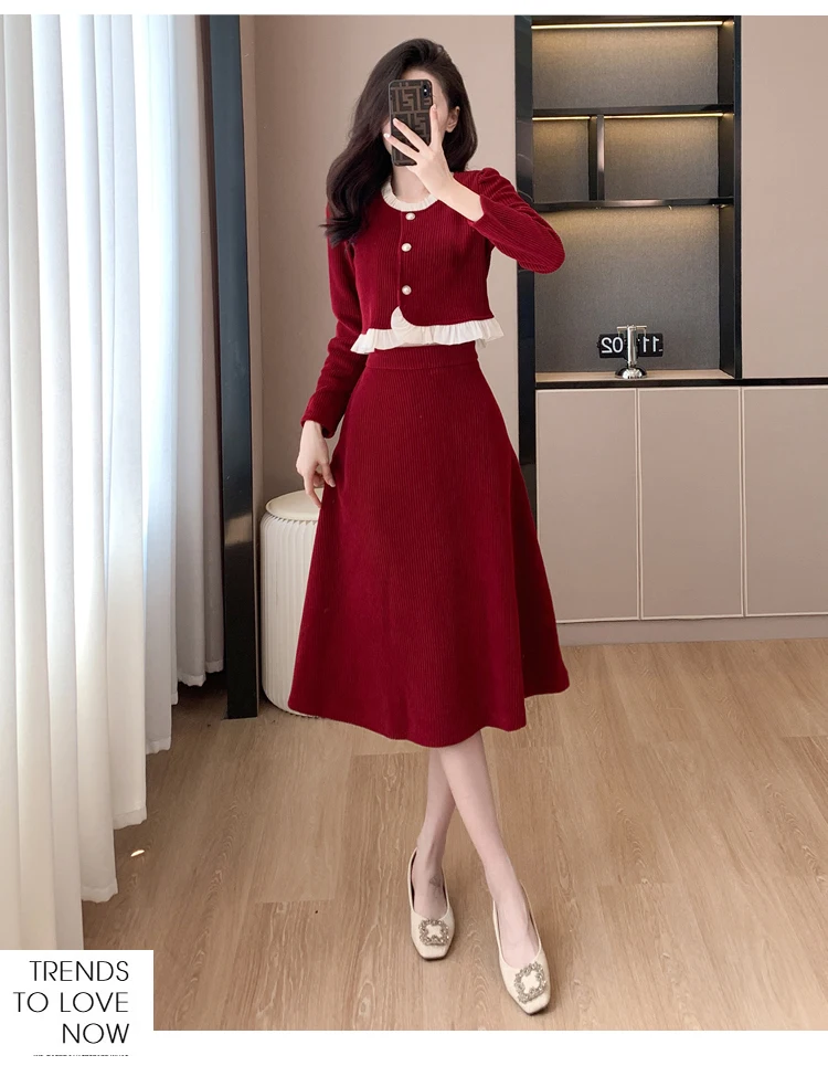 Autumn Winter Corduroy Two-piece Skirt Set Women Long Sleeve Ruffles O-neck Top Solid Midi Skirt Korean Fashion Outfits New