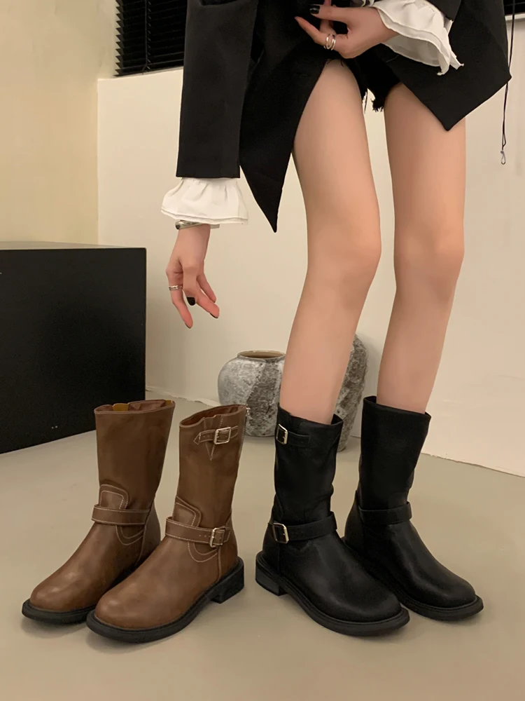 

Женские кожаные ботинки, женские ботинки с круглым носком, женская зимняя обувь, на молнии, до середины икры, на средней резиновой подошве, для осени, 2023