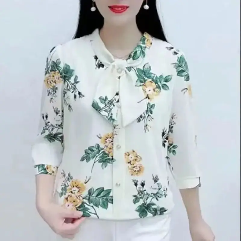 Autumn Elegant Fashion Commuter Office Lady Shirt Women Print Chic Round Collar Loose Casual Bow Button Three Quarter Sleeve Top
