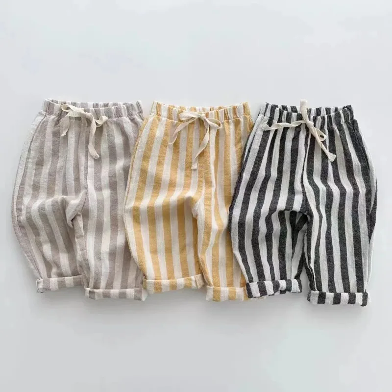 Vintage Linen Cotton Stripe Pants for Boys Casual Pocket Design Elastics Waist Pants for Toddler Girl Clothing Children Trousers 4