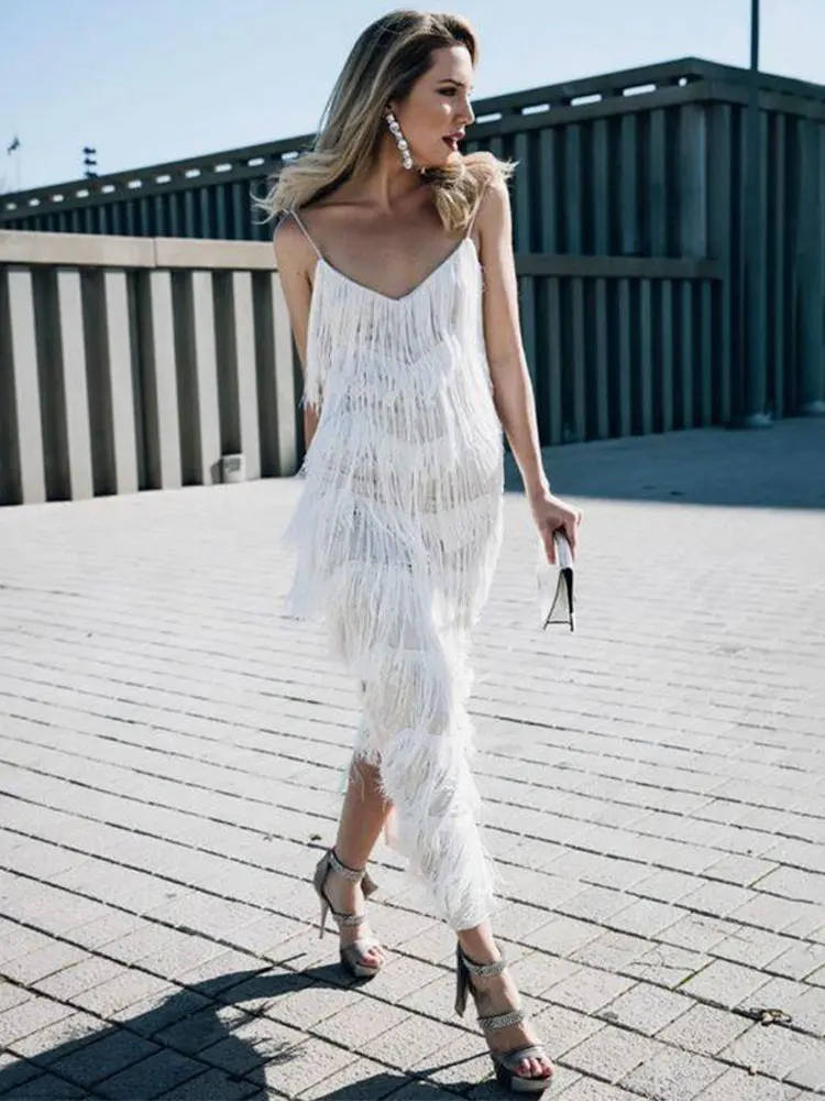 

Sexy V Neck Multi Layer Tassel Slip Dress Women Backless Sleeveless Slim Dresses 2023 Fashion Elegant Prom Evening Robe Vestidos
