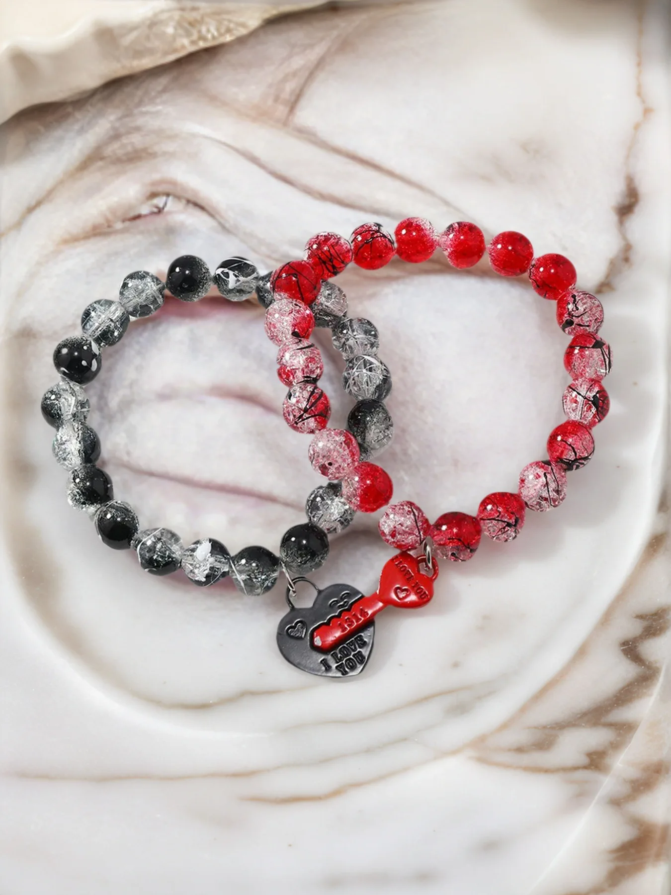 Couple Bracelet - 10mm Handmade Magnetic Heart  Broken Glass Beads
