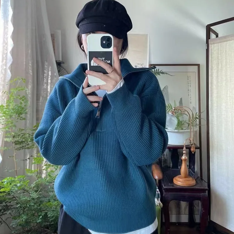 

Autumn Women's Sweater Korea Stylish Elegant Solid Color Mock Neck with Zippers Thick Warm Female Pullover Knitting Outfit C5204