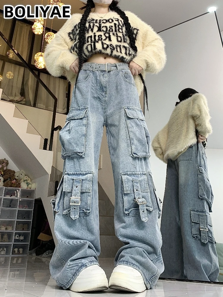 

Boliyae Multipocket Cargo Pants Women Y2K Fashion Vintage Blue Baggy Jeans Harajuku Streetwear Straight Wide Leg Denim Trousers