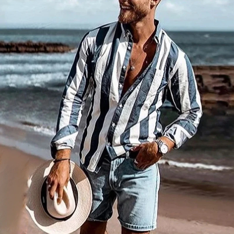 

2022 Men Tops New Stripe Casual Beach Shirt Men Camisas Para Hombre Longsleeve Shirt for Men Fashion Clothing Trends