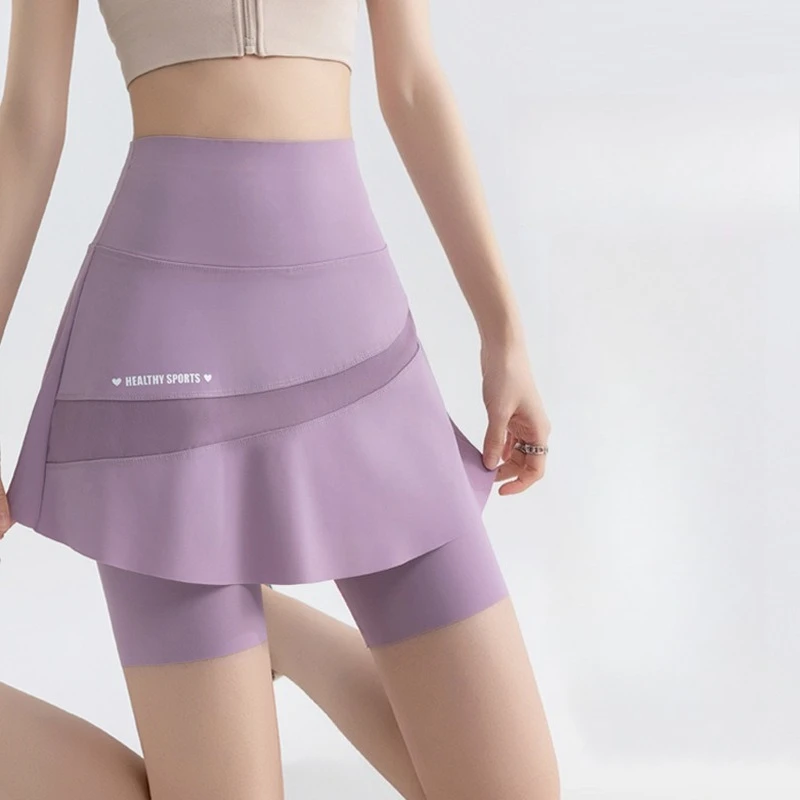 Gefälschte zwei kurze Rockhose mit Sommertaschen, Schritt-Halbrock für Frauen, hohe Taille, übergroße, schnell trocknende Sport-Yogahose