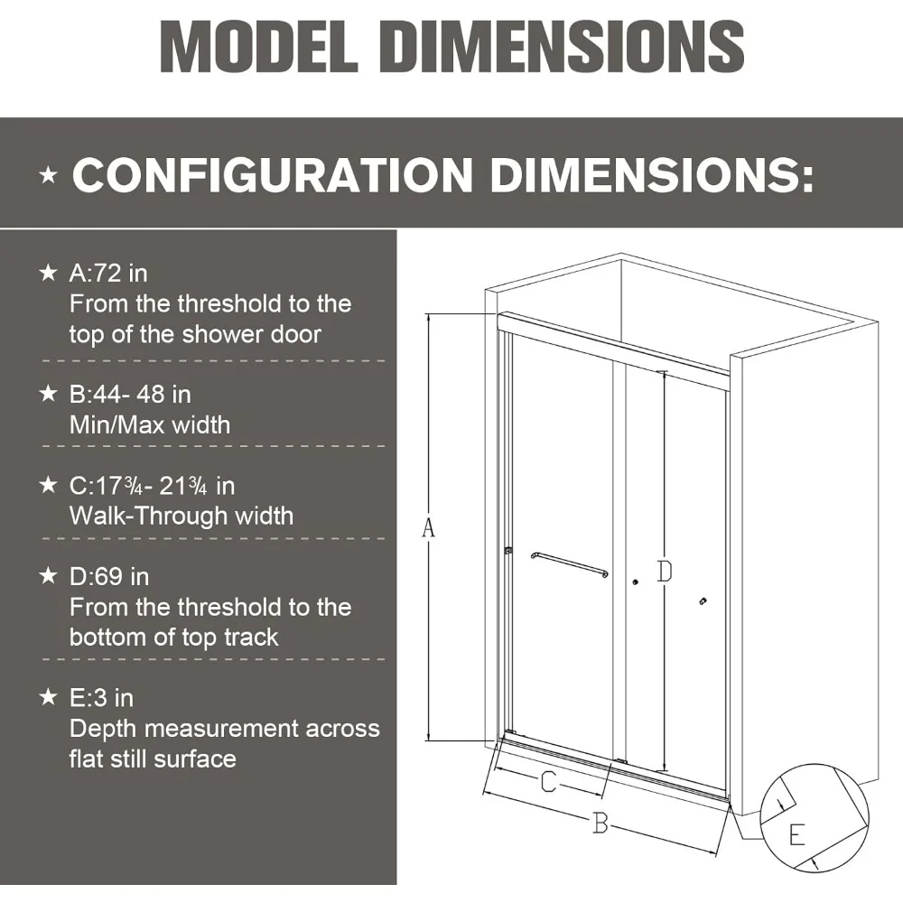 Shower Door, 44-48 "W, Sliding Showers Doors, Adjustable Semi-Frameless Bypass, SGCC Tempered Glass Doors, Bathroom Shower Door 4