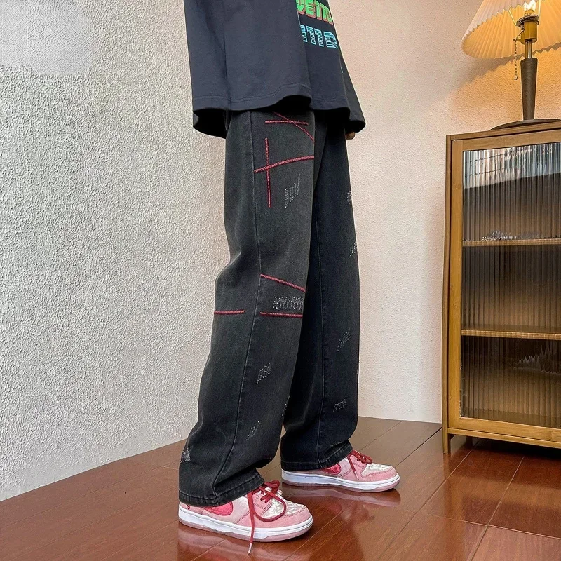 

Jeans for Men Straight Male Cowboy Pants Retro Embroidery Trousers Hip Hop Baggy Stylish Cheap Spring Autumn Stacked Denim Xs