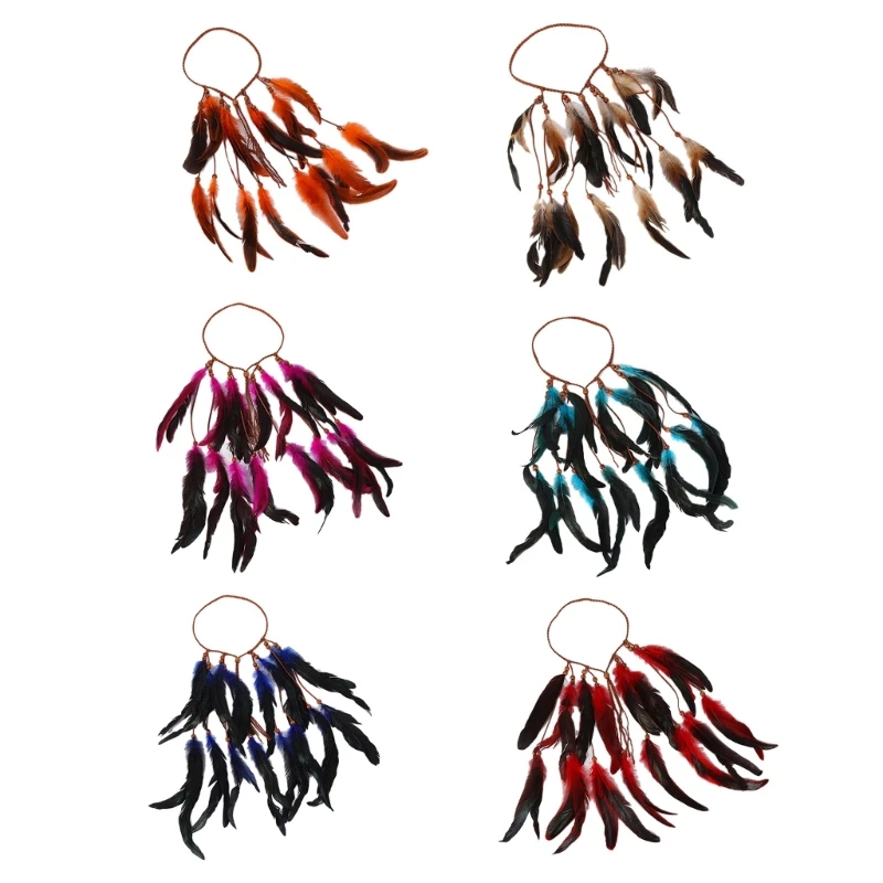 

Feathers Headband Indian Headpiece Bohemian Tassels Headwear with Wood Beads Costume Headdress Accessories for Women Dropship