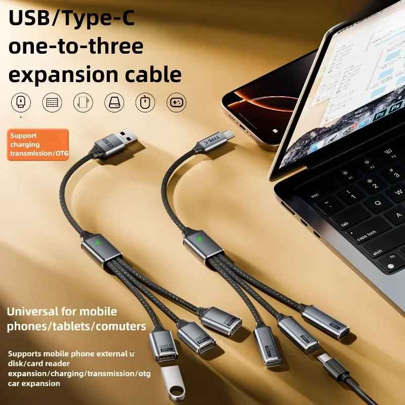 3-Port USB Hub Splitter Cable with USB-A and Type-C Adapter for Charging & Data Transfer