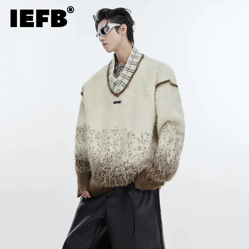 

IEFB Fashion Men's Sweater Gradient V-neck Silhouette Pullovers Loose Oversize Contrast Color Knitwear Trend 2023 New 9C3304
