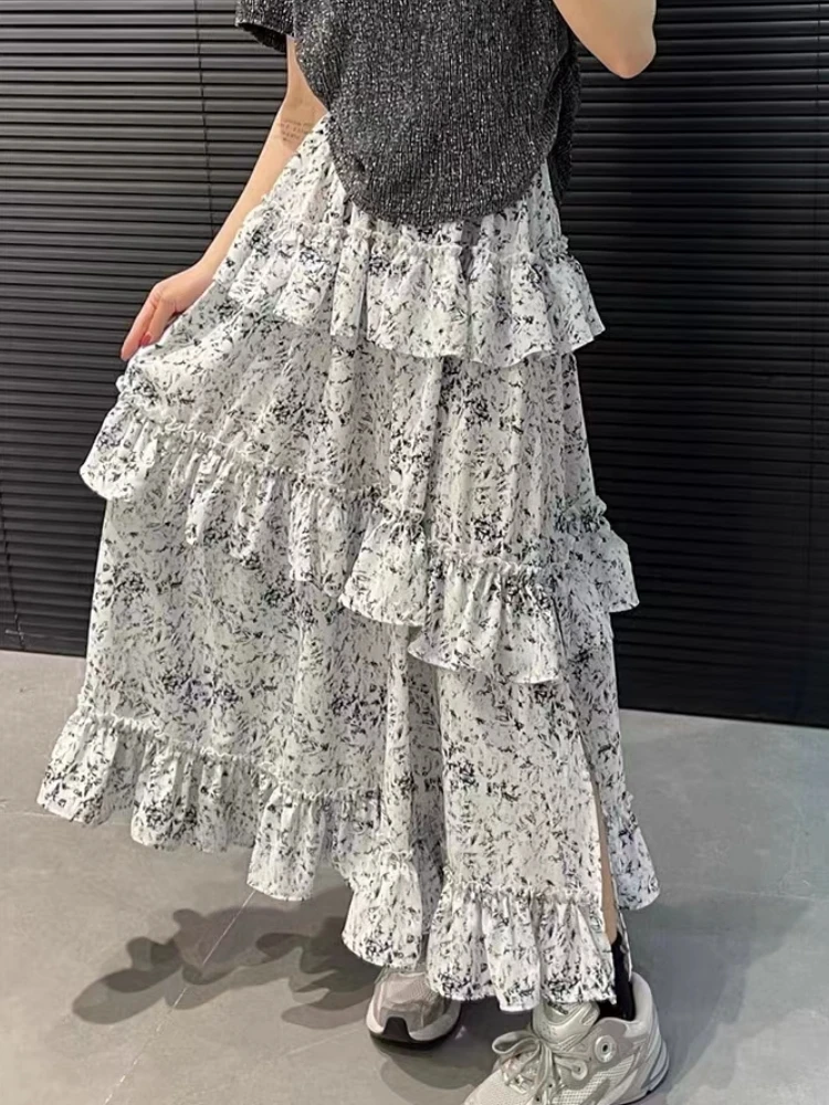 Split Skirt Mid Long Womens Floral Skirt 2023 Vintage Lolita Summer High Waisted Asymmetrical High Low Ruched Ruffle Skirts rok new dress for women ruched strapless prom dresses long side slit mermaid party evening gowns zipper back wedding guest