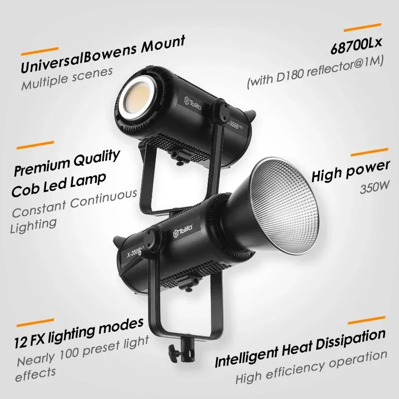 Tolifo Biccolor COB LED 조명, 필름 사진 스튜디오 비디오 제작용 APP 비디오 조명, X350B Lite, 22770Lux, 350W, 2700-6500K