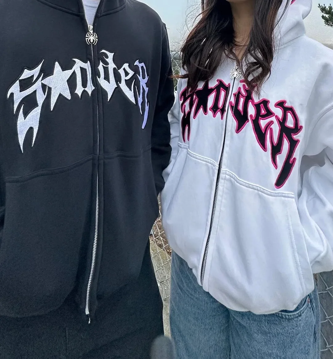 

Retro street gothic spider print hooded sweater for men and women y2k punk grunge loose casual full zipper couple jacket tops