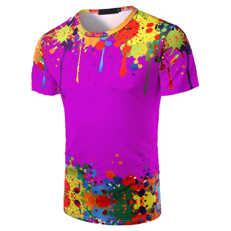 

Summer Men O-neck Big Tall Splashed Paint Printing Short Sleeve Purple Polyster Graphic T-shirt Oversized For Men