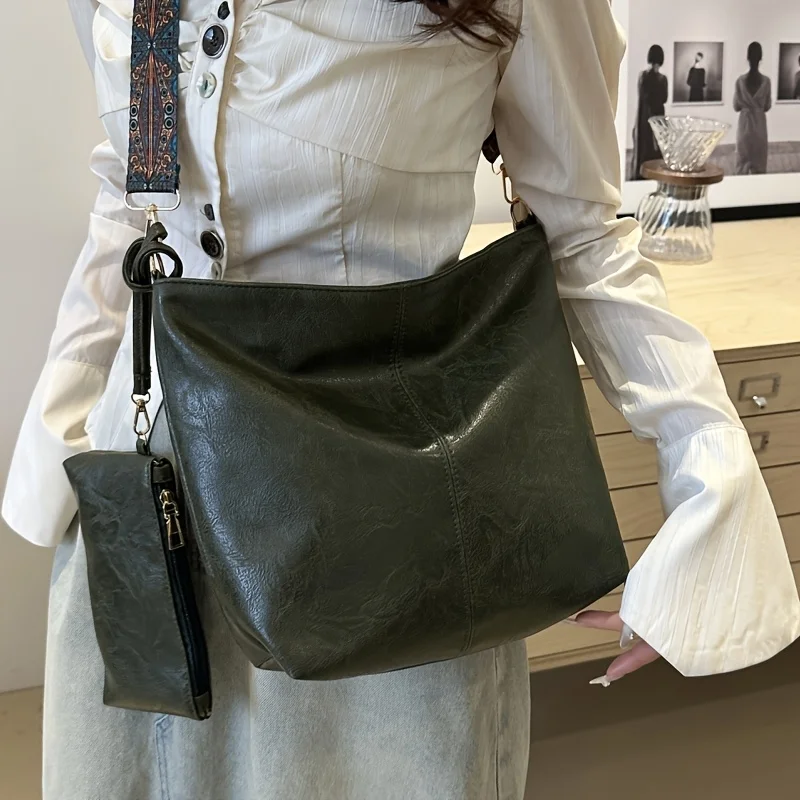 Retro PU Material Women's Bucket Tote Bag Set, Adjustable Wide Strap Large Capacity Matching Sets for Daily Needs and Versatile