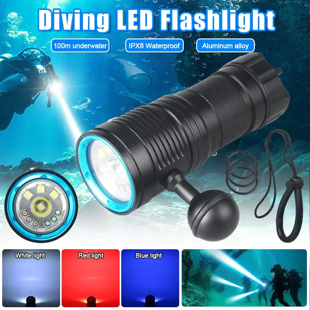 

New Powerful Waterproof Scuba Diving Flashlight Red/White/blue Light 6000LM Underwater Tactical Dive light Torch 26650 Battery