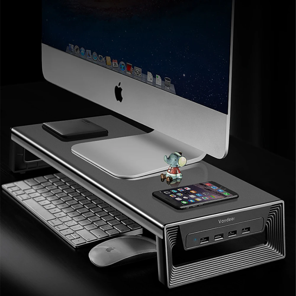 데스크탑 컴퓨터 디스플레이 높이 브래킷 베이스, USB 2.0 확장, 사무실 데스크탑 스토리지 스크린 선반 모니터 스탠드 