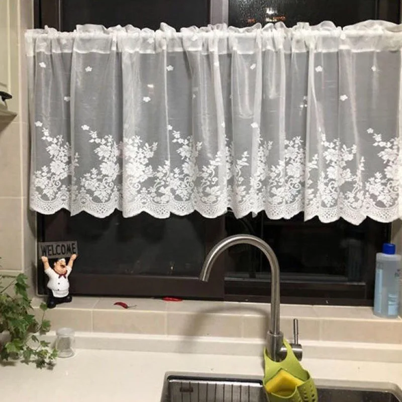 Lace Wave Short Tulle Half Curtains For Living Room White Floating Sheer Valance Kitchen Door Cafe House Window Drapes Cortina