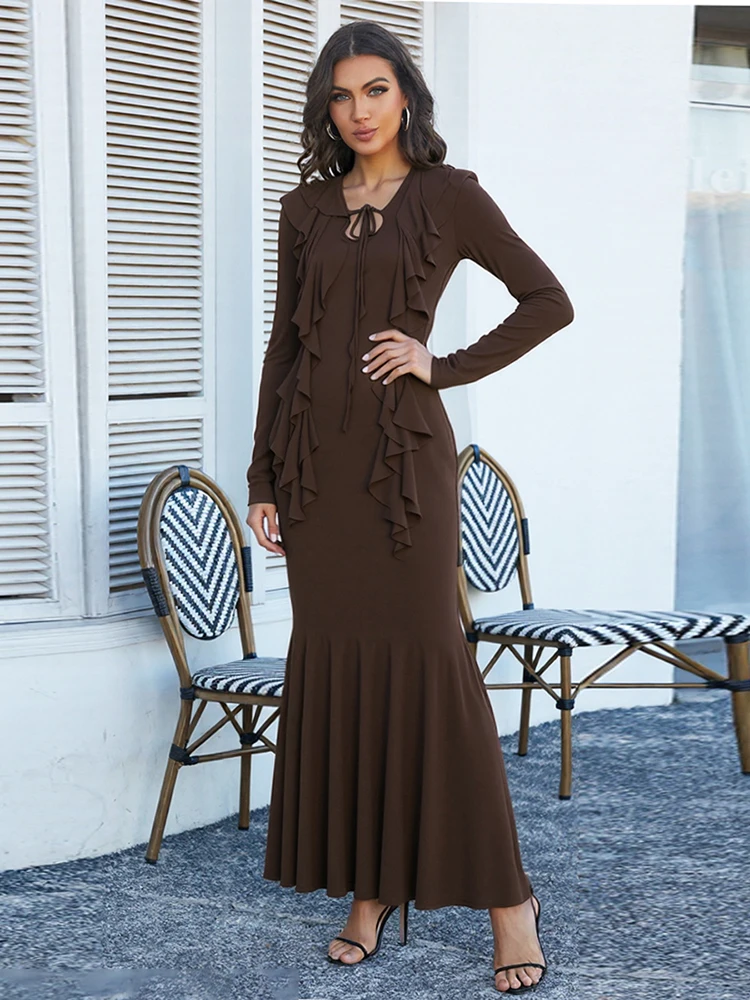 Nibber Fashion Ruffles Decoration Long Dresses Woman Autumn Trend Shirring Low-Neck Full Sleeve Casual Simple Elegant Vestidos