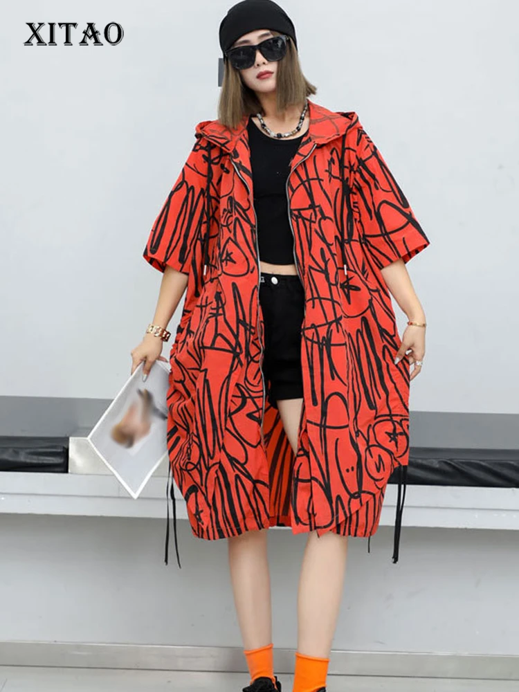 

XITAO Hooded Half Sleeve Zippers Trench Fashion Contrast Color Loose Casual All Match 2024 Spring Women Street Trendy HQQ2279