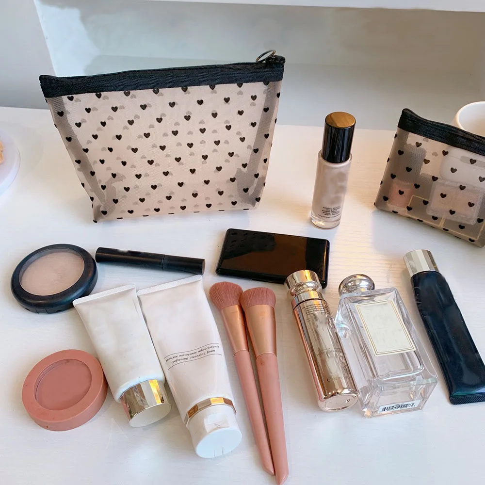 Women Travel Toiletry Wash Makeup Bag Storage Case Zipper Make Up Bags Fashion Black Dot Transparent Mesh Cosmetic Bag