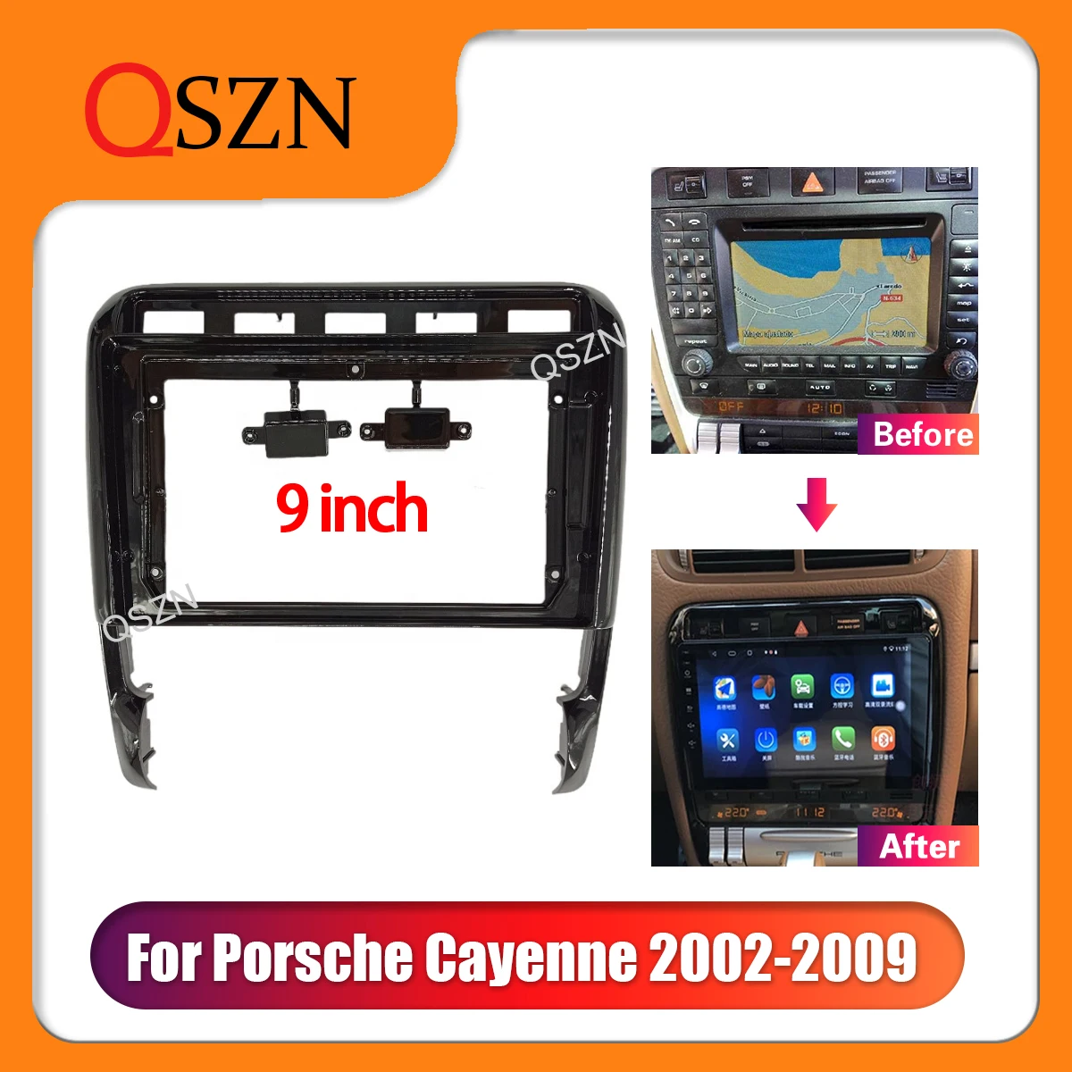 

QSZN 9 Inch Car radio Frame Fascia For Porsche Cayenne 2002-2009 with canbus Cable Panel Dashboard Mount Kit 2 Din DVD Trim Fit
