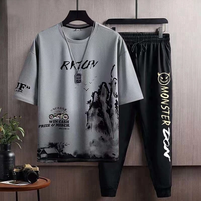 Clothes for Men Slim Fit Chic Basic Kpop Casual Cool Grey Pants Sets Male T Shirt Stretch Loose High Quality 5xl Luxury Xl S Top