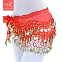 1pcs/lot Women Belly Dance Hip Scarf Accessories 3 Row Belt Skirt With 128pcs Gold color coin bellydance Coins Waist Chain