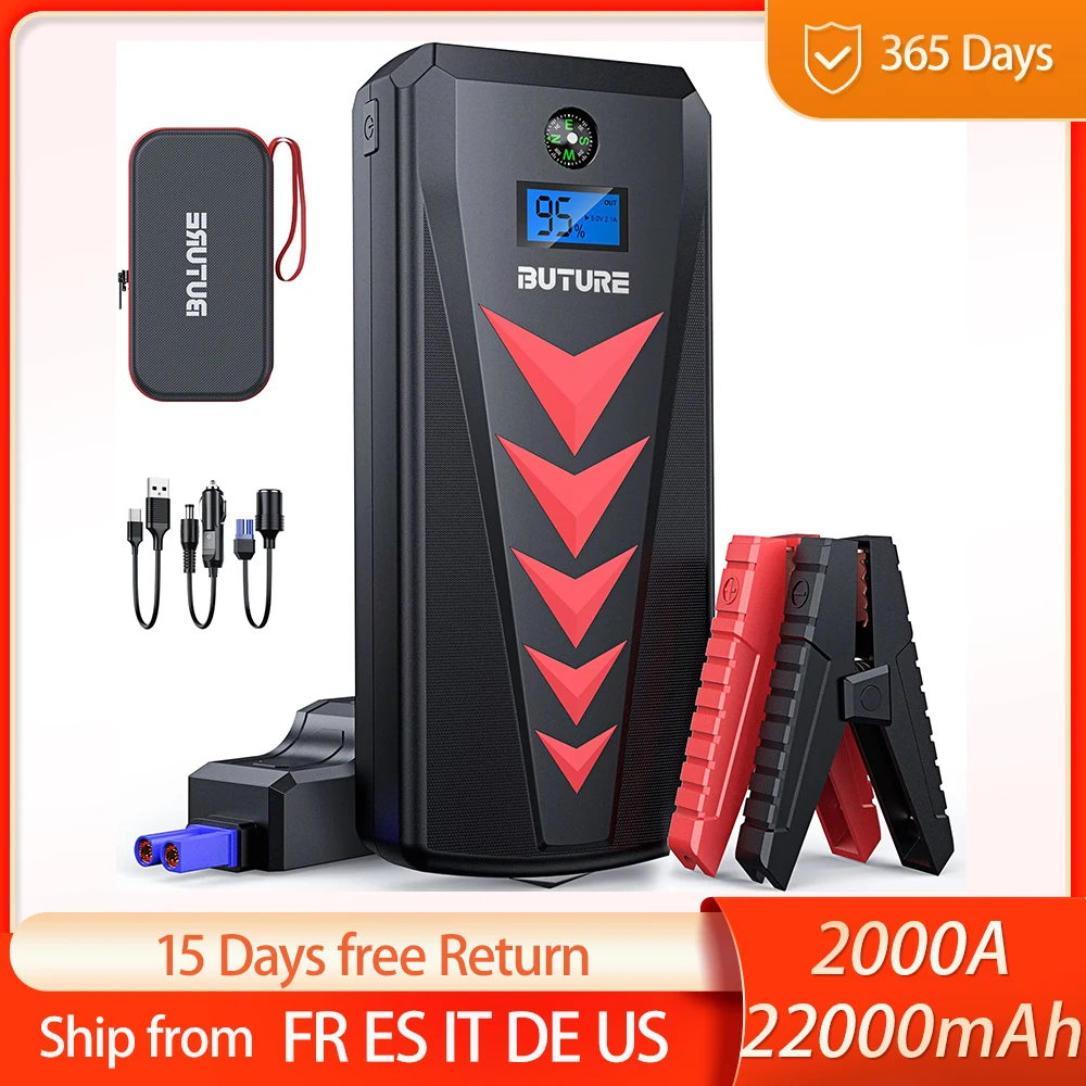 BuTure Booster Batterie, 2000A 22000mAh Portable Jump Starter, Démarrage de  Voiture (Jusqu'à 8.0L Essence 8.0L Gazole), Charge Inverse et Inversion de  polarité, Lamp LED, Écran LCD - AliExpress