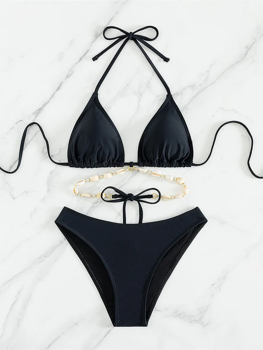 Sexy High Waist Bikini Set Decorated with Seashell Swimsuit Women Black White Criss Cross Push Up Bathing Suit Swimwear 2024 - Image 2