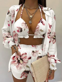 2024 New Bathing Suit Shorts Cover Up Summer Three Pieces Swimwear Sexy Beachwear High Waist Bikini Set Print Women's Swimsuit 1