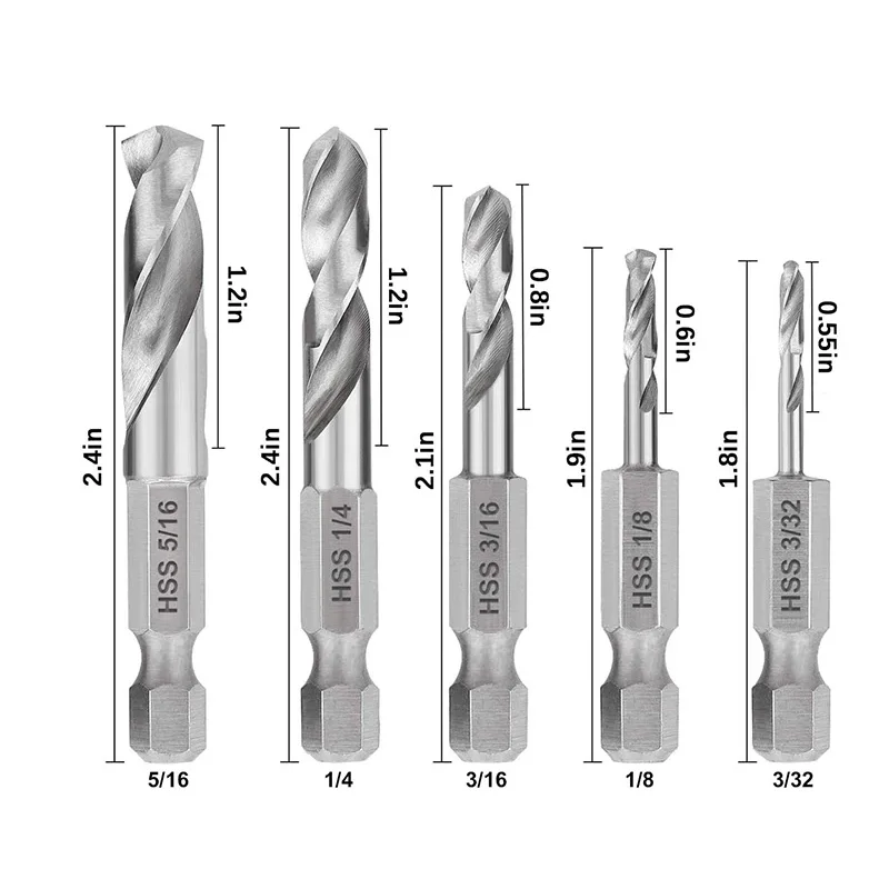 2/5Piece 1/4 Hex Shank Drill Bit Set Stubby Drill Bit Set For Metal M2 Short Length Drill Bit Steel For Quick Change Chuck