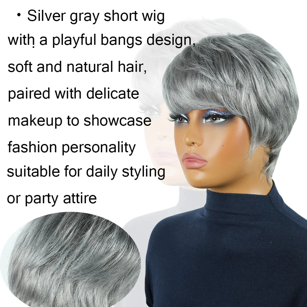 회색 인모 가발 짧은 픽시컷 가발 흑인 여성용 인모 기계 제작 가발 앞머리 있는 컬러 짧은 보브 가발