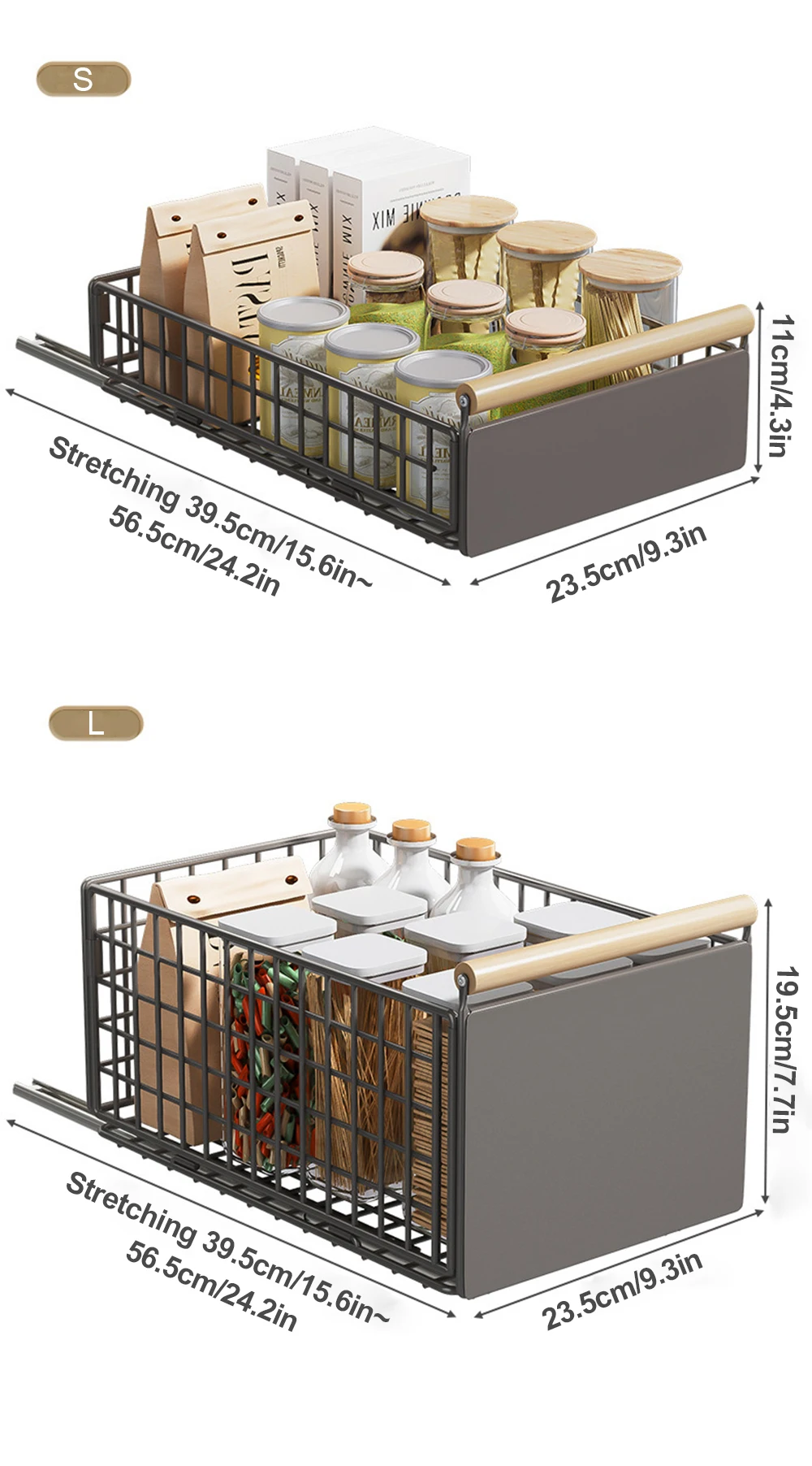 Foldable Pull Out Cabinet Organizer With Wooden Handle Kitchen Storage Sliding Drawer Spice Jars Storage Rack Kitchen Organizer