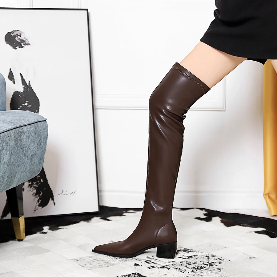 

BIGTREE New Soft Face Leather Boots Sexy Over The Knee Thick Heel Women Shoes Pointed Toe Long Boots Autumn Winter Shoes