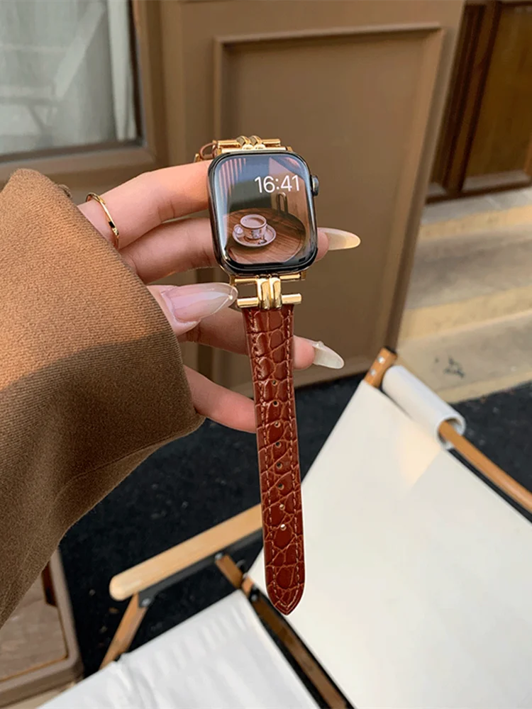 الفاخرة الذهب معدن حقيقية حلقة من جلد ل iWatch سلس...