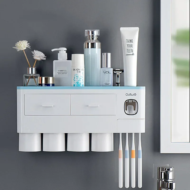 

New Toothbrush Holder Automatic Toothpaste Dispenser With Cup Wall Mount Toiletries Storage Rack Bathroom Accessories Set
