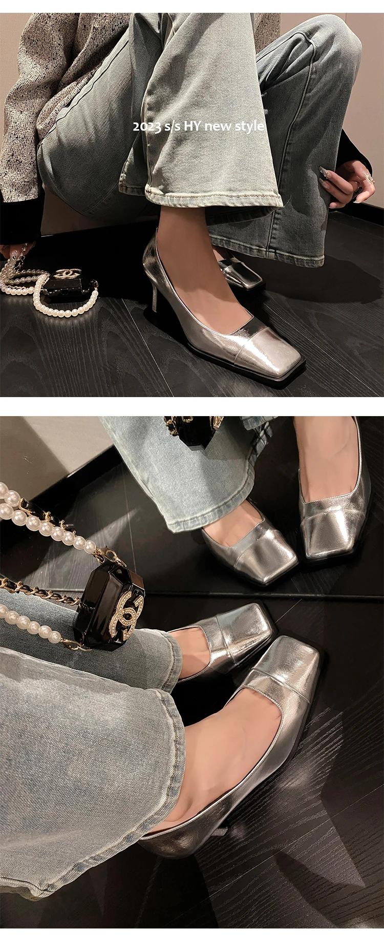 2023 new Spring women pumps natural leather 22-24.5cm length cowhide+sheepskin full leather square toe Metallic shoes high heels