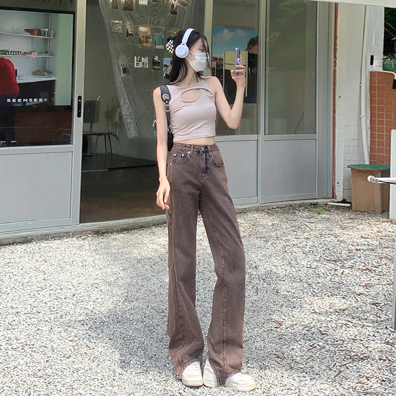 

Vintage Brown Irregular Hem Loose Straight Leg Jeans