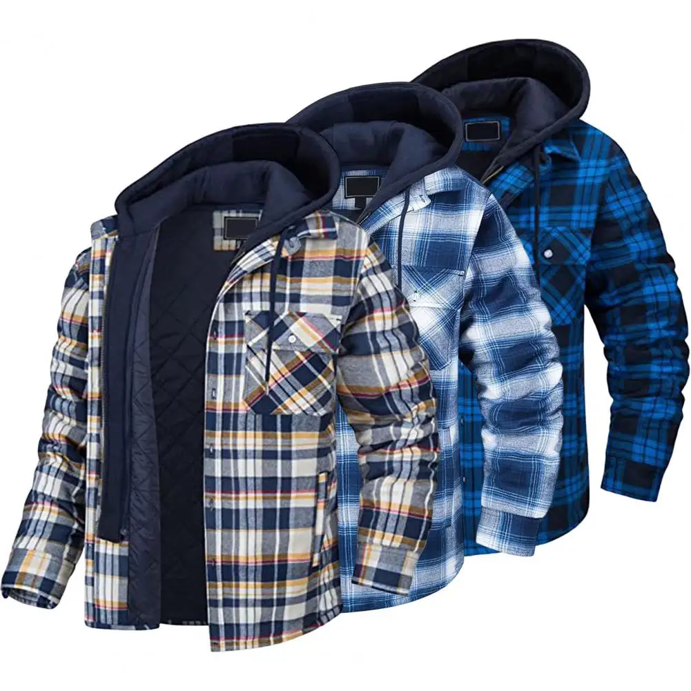 

Plaid Print Drawstring Multi Pockets Long Sleeve Single Breasted Casual Jacket Winter Thickened Cotton Padded Hooded Outerwear