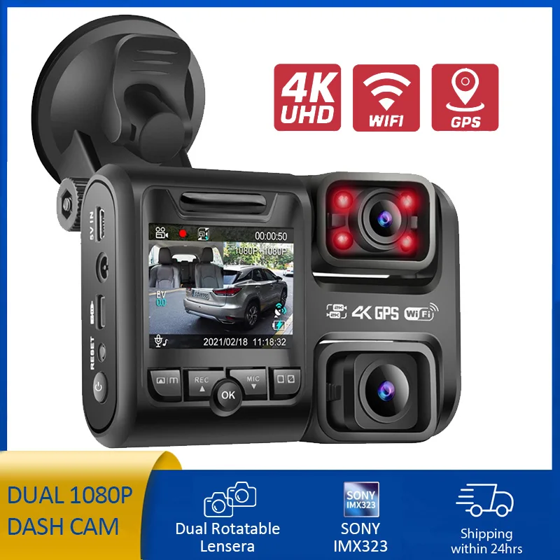 

Автомобильный видеорегистратор с 2 камерами, 4K, 2160P, Wi-Fi, GPS, регистратор Sony IMX323, датчик с двумя объективами, видеорегистратор с ночным видением, объектив заднего вида, 3-канальный Регистратор